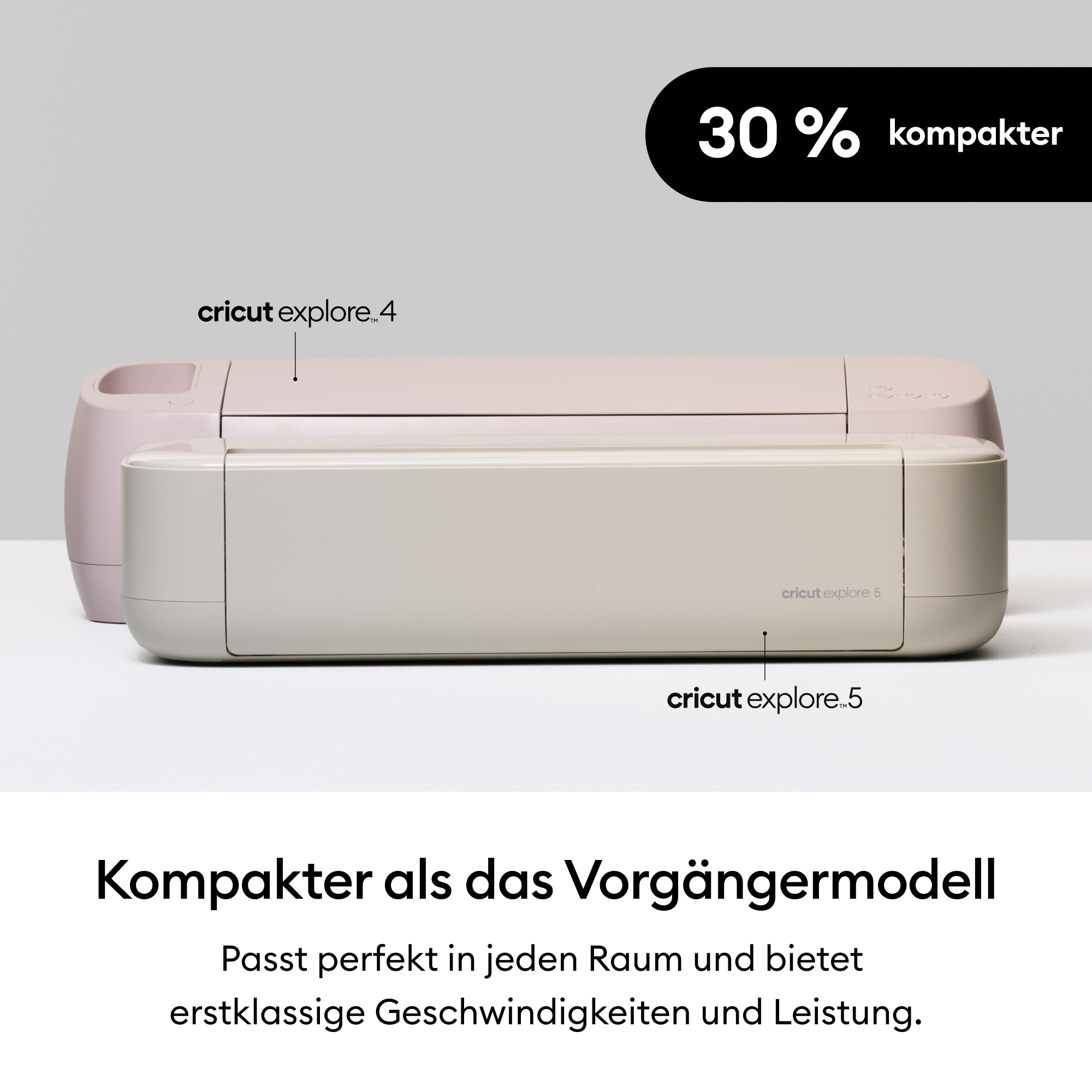 Zwei Cricut Explore Schneidegeräte in Rosa und Beige, 30% kompakter.