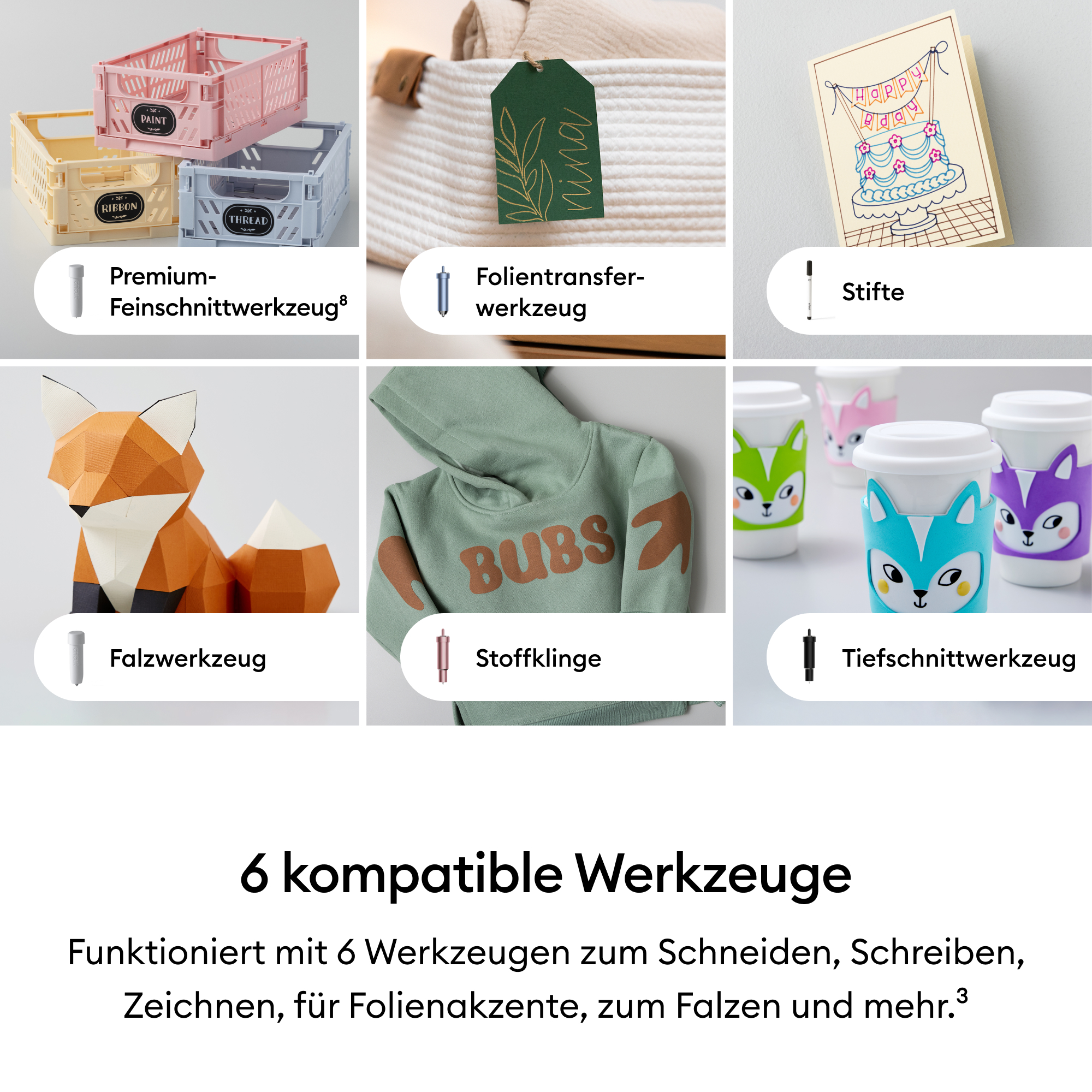 Sechs Werkzeuge für Schneiden, Schreiben, Falzen und mehr.