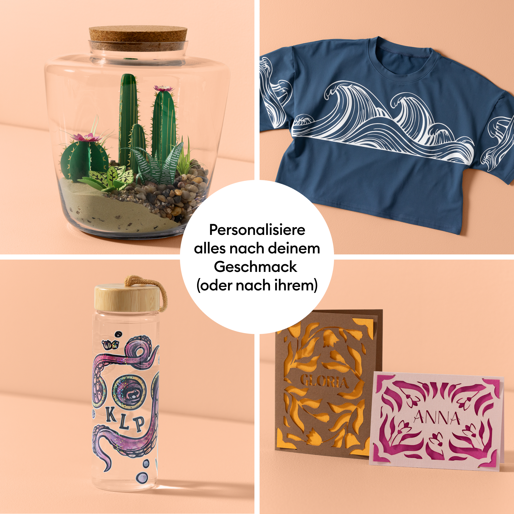 Vier personalisierte Produkte: Kaktus-Terrarium, T-Shirt mit Wellen, Flasche mit Oktopus, Namenskarten.
