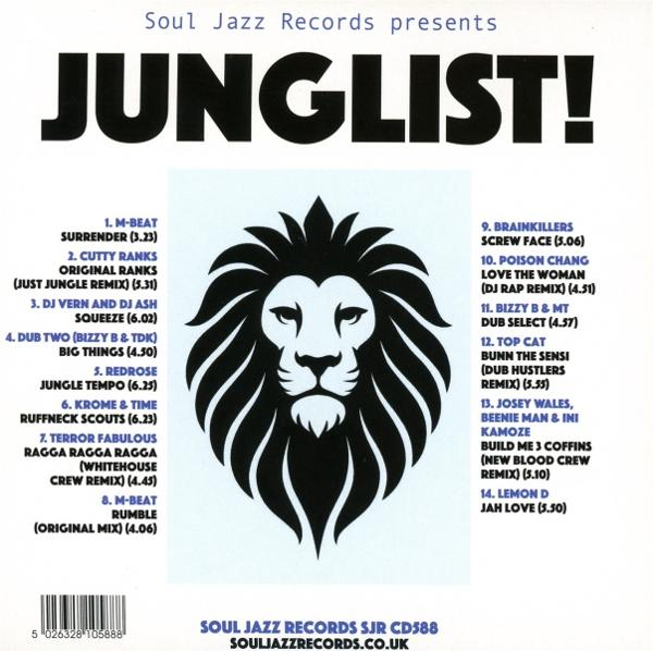 Albumcover mit Löwenkopf und Songliste für "Junlist!" von Soul Jazz Records.