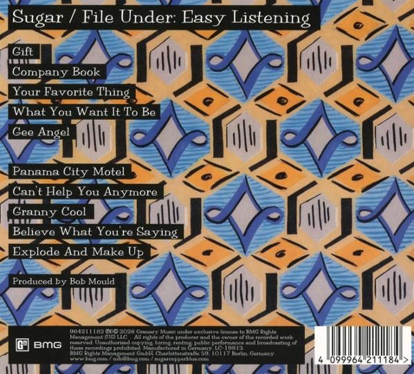 CD-Rückseite mit Songliste, geometrischem Muster in Blau, Orange und Grau.