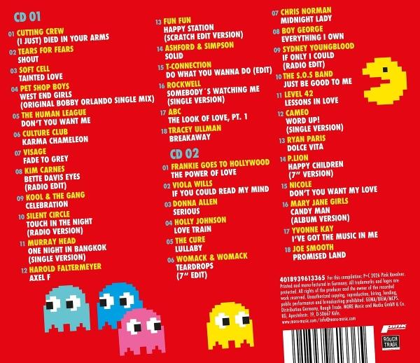 CD-Cover mit Songlisten für CD1 und CD2, im Hintergrund Pac-Man-Figuren.
