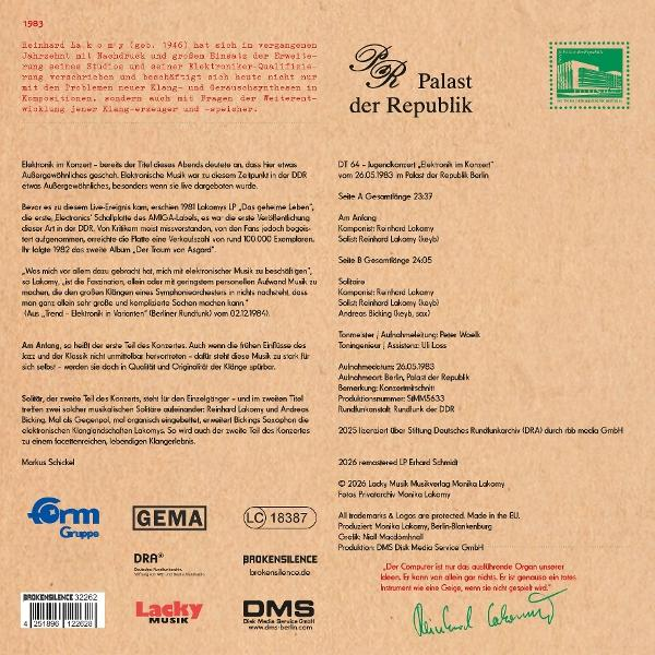 Ein Platten-Cover mit Texten über Reinhard Lakomy und ein Bild von Palast der Republik.
