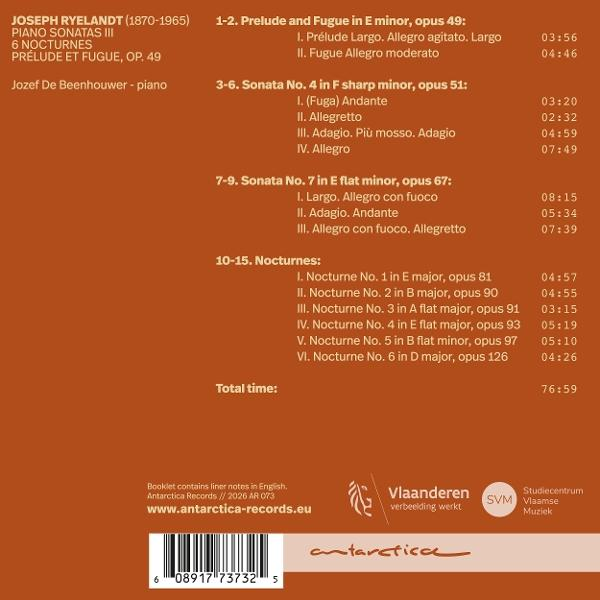 CD-Cover mit Werkliste und Laufzeiten für Klaviermusik von Joseph Ryelandt.