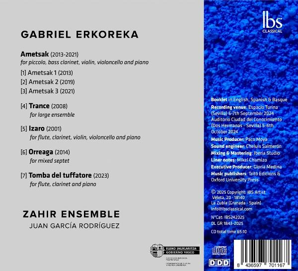 Albumcover mit Komponist, Werken und Ensembleinformationen auf grauem Hintergrund.