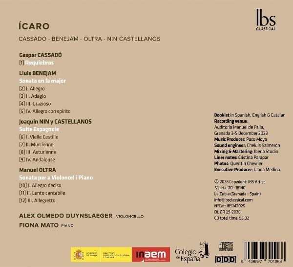 CD-Cover mit Titel 'ÍCARO', Komponisten und Musikernamen, sowie IBS Classical Logo.