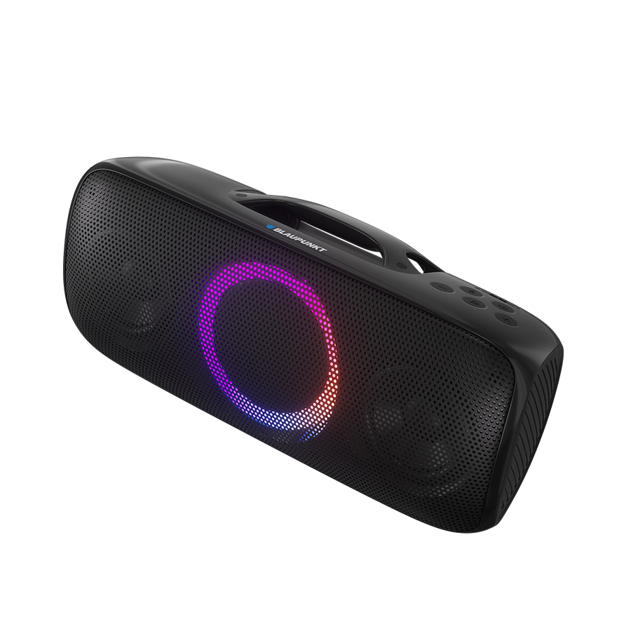 Renkli LED halkalı ve taşıma saplı siyah Bluetooth hoparlör.