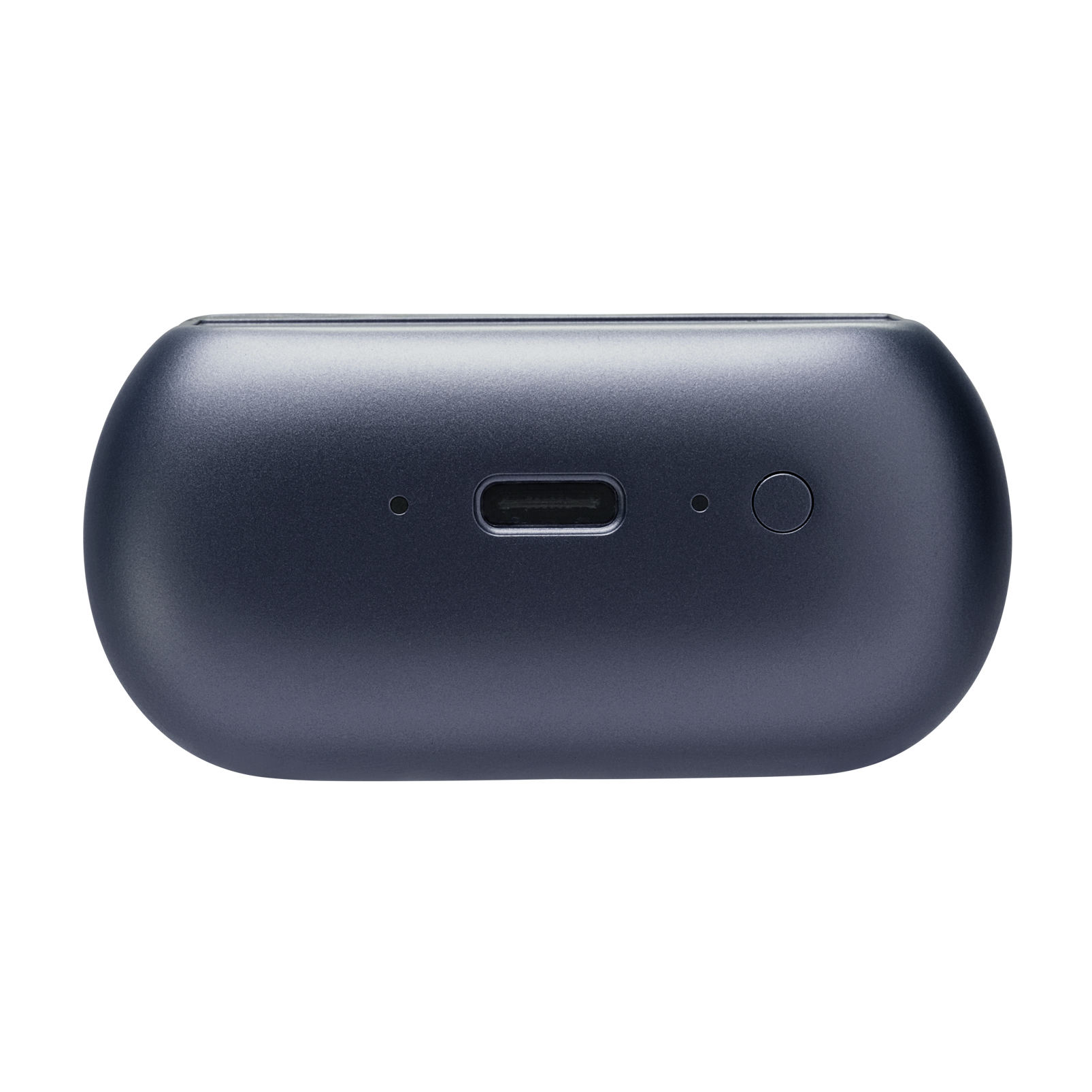 USB-C portlu ve düğmeli koyu mavi şarj kutusu.
