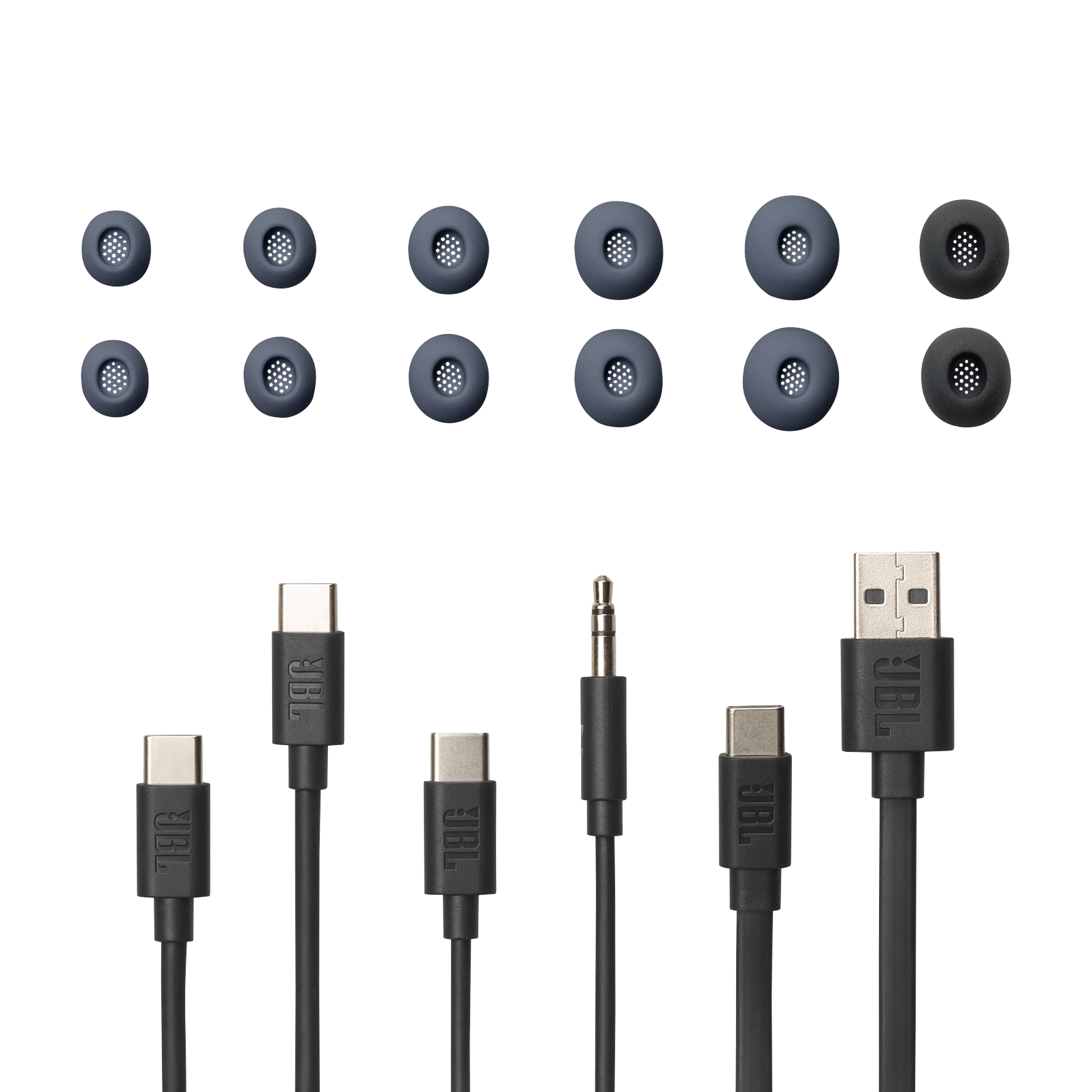 JBL kulak uçları ve USB-C ile USB-A konektörlü şarj kabloları.