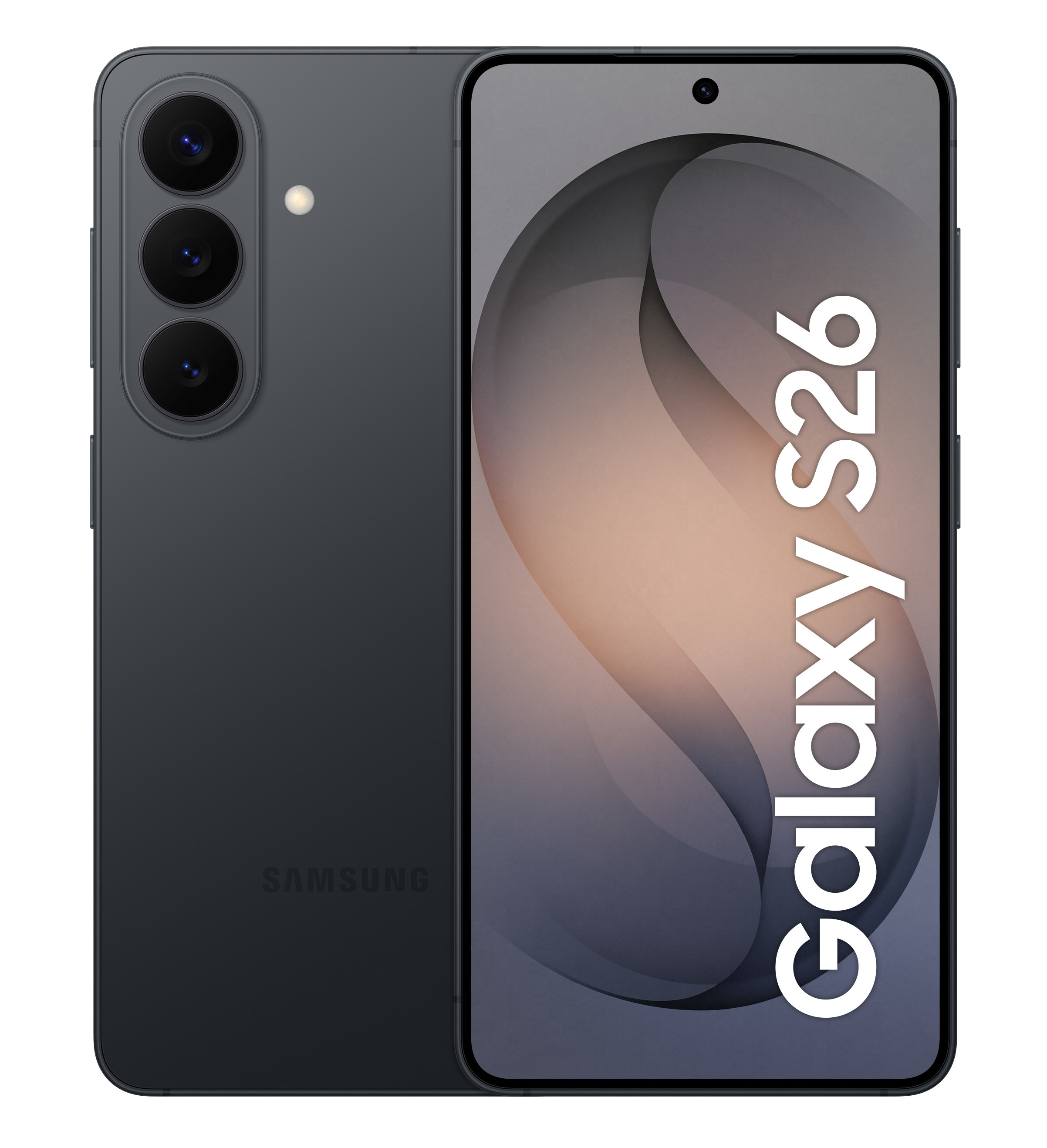 Ciemnoszary smartfon Samsung Galaxy S26 pokazany z przodu i z tyłu.