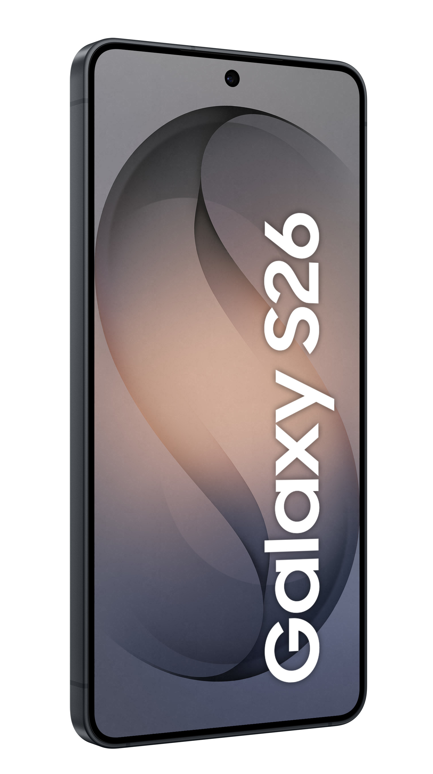 Ciemny smartfon z napisem „Galaxy S26” w kolorze białym na ekranie.