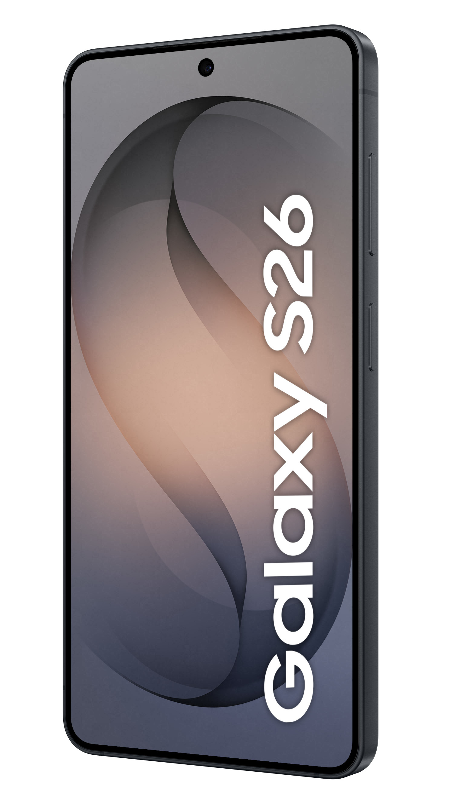 Czarny smartfon Galaxy S26 z abstrakcyjnym szaro-brzoskwiniowym tłem.