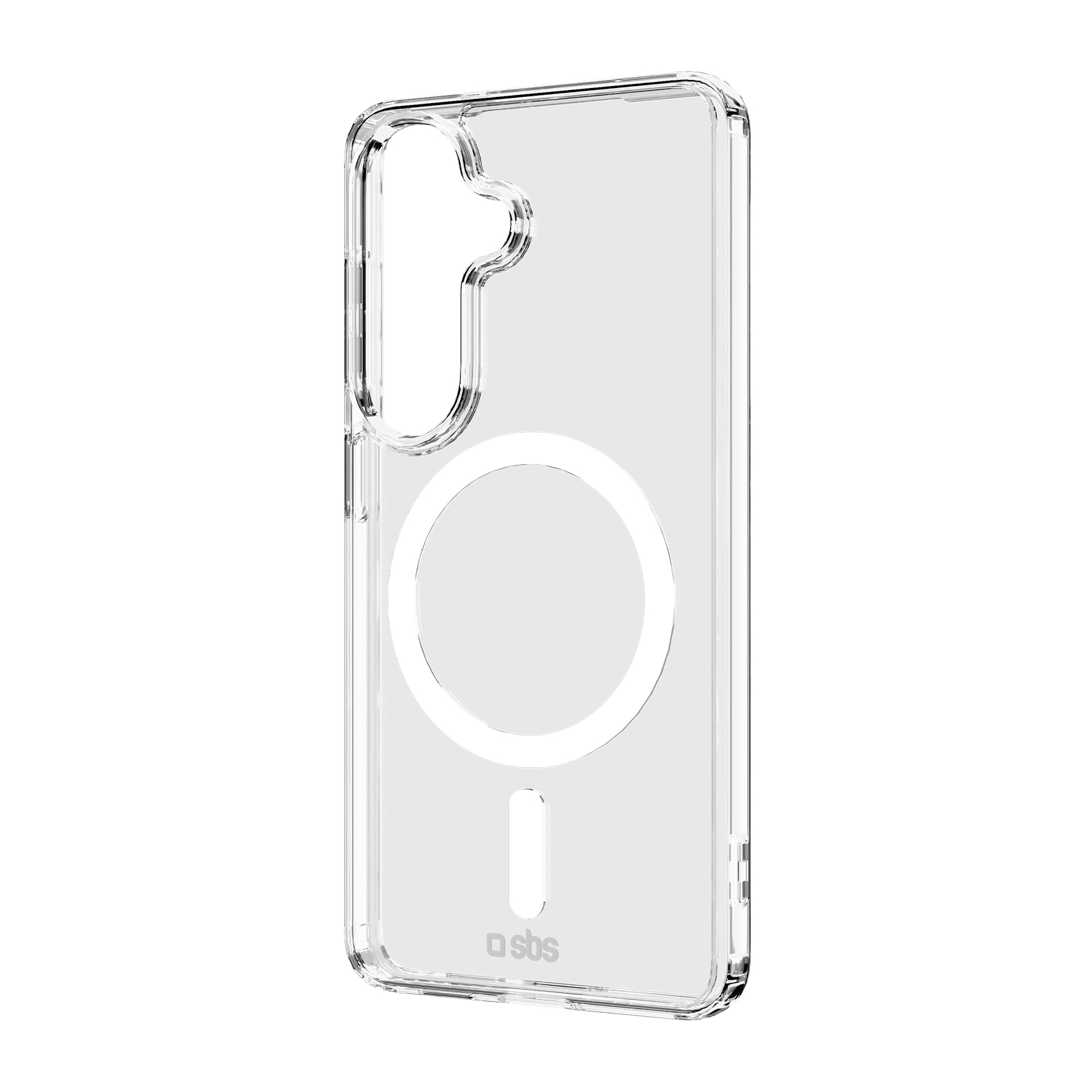 Transparente Handyhülle mit kreisförmigem Magnetring und SBS-Logo.