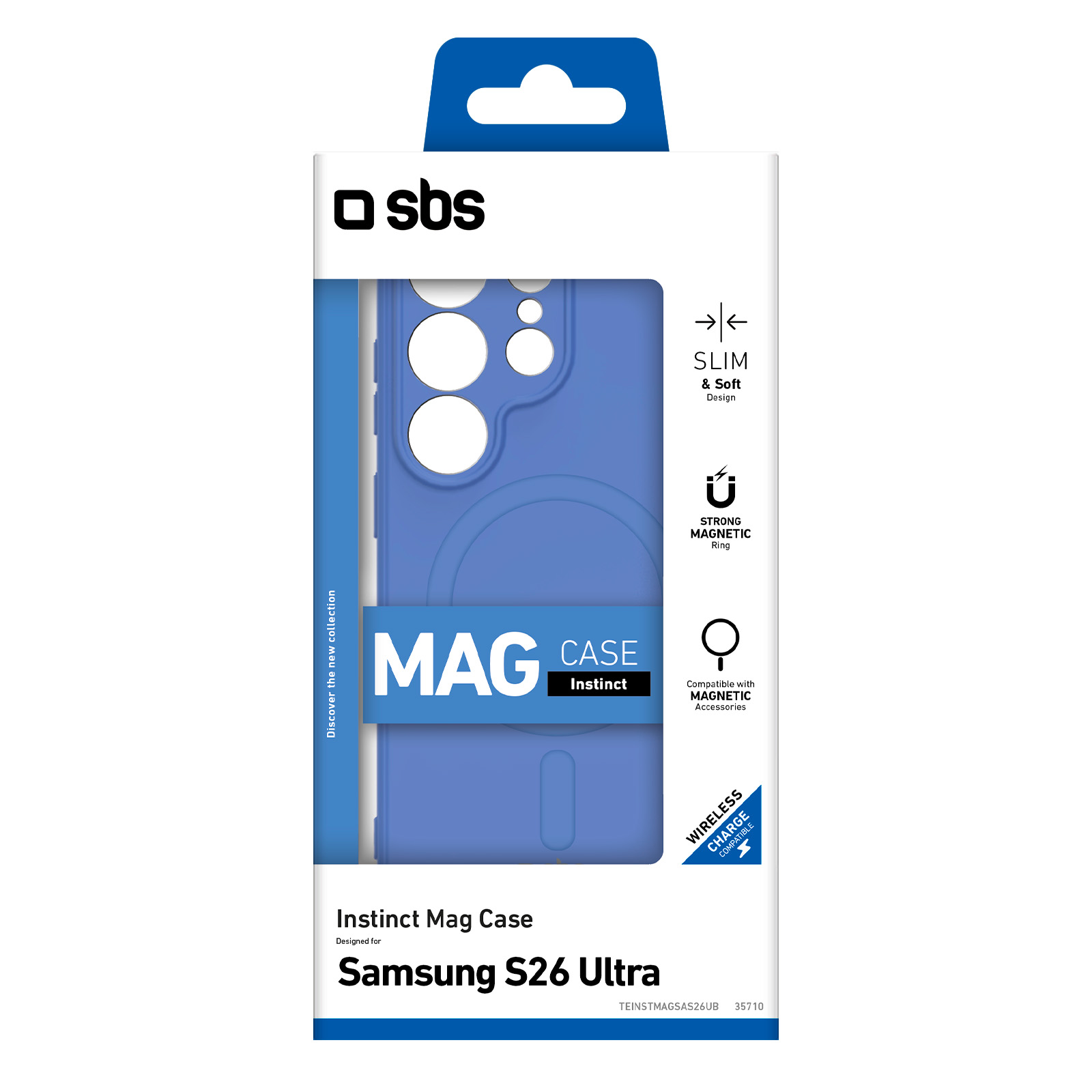 Verpackung für eine blaue Samsung S26 Ultra Handyhülle mit MagSafe-Kompatibilität.