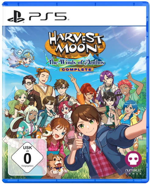PS5 Spielcover: Harvest Moon, bunte Charaktere, zwei Hunde, Fee, USK 0 Siegel.