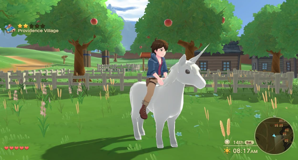 Ein Junge reitet auf einem weißen Einhorn durch ein Dorf mit Holzhäusern.