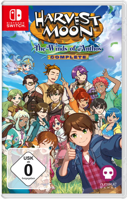 Spielhülle von Harvest Moon: The Winds of Anthos mit vielen Charakteren und dem Nintendo Switch Logo.