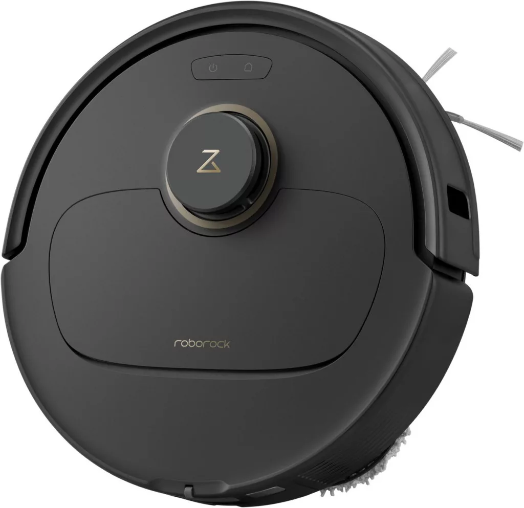 Sötét, kerek robotporszívó "Z" logóval és oldalsó kefékkel.