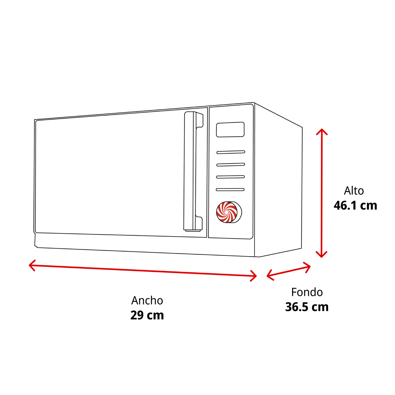 Dibujo de un microondas con dimensiones: ancho 29 cm, fondo 36,5 cm, alto 46,1 cm.