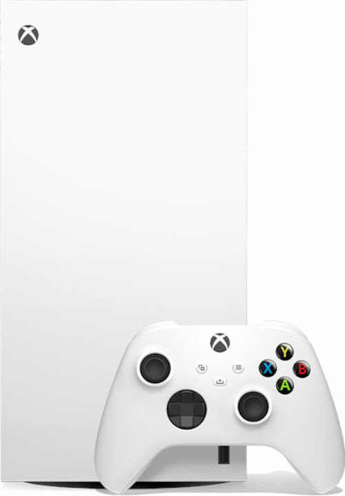 Biała konsola Xbox Series S z białym kontrolerem z przodu.