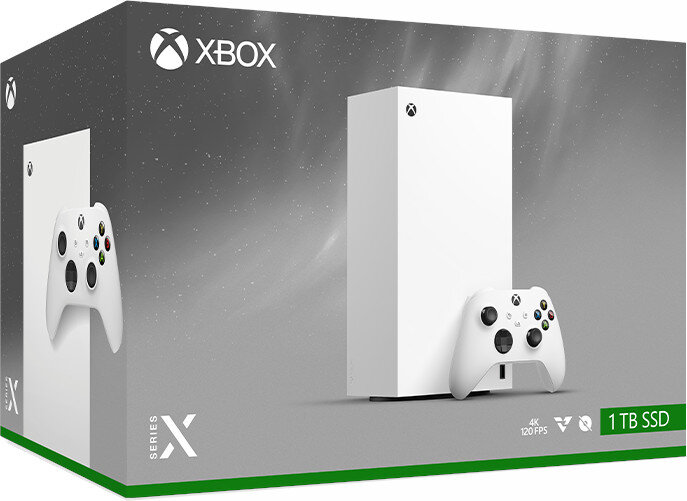 Konsola i kontroler Xbox Series X na szarym pudełku z gwieździstym tłem.