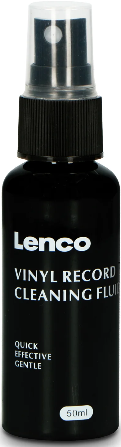 Schwarze Sprühflasche mit weißem Lenco-Logo und Vinylreiniger-Aufschrift.