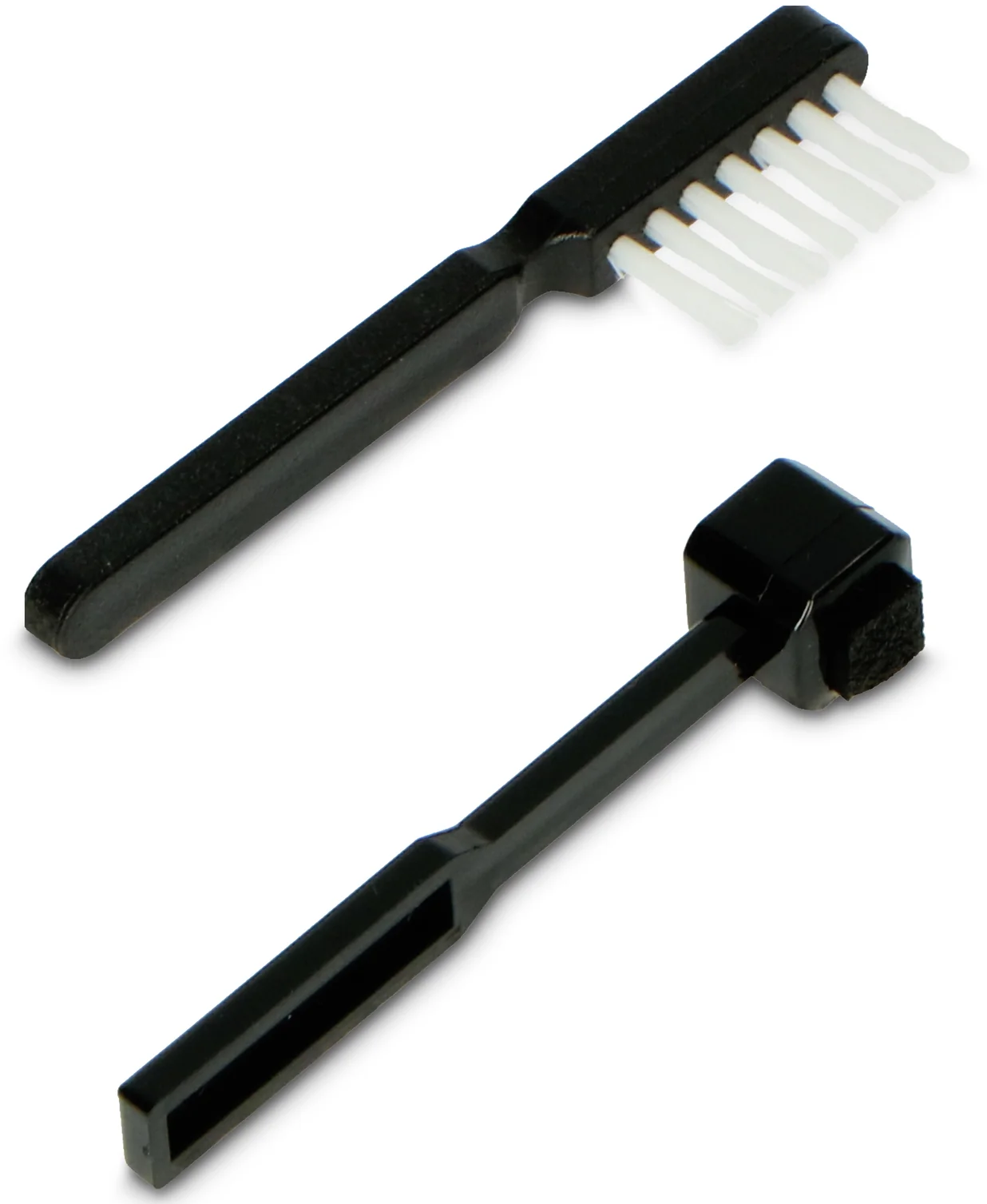 Zwei schwarze Reinigungsbürsten mit weißen Borsten und einem gummierten Ende.