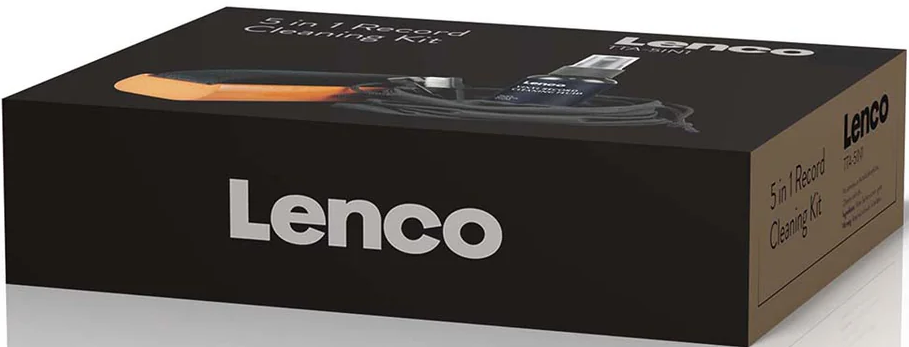 Schwarze Box mit Lenco 5-in-1-Plattenreinigungsset und Zubehör.