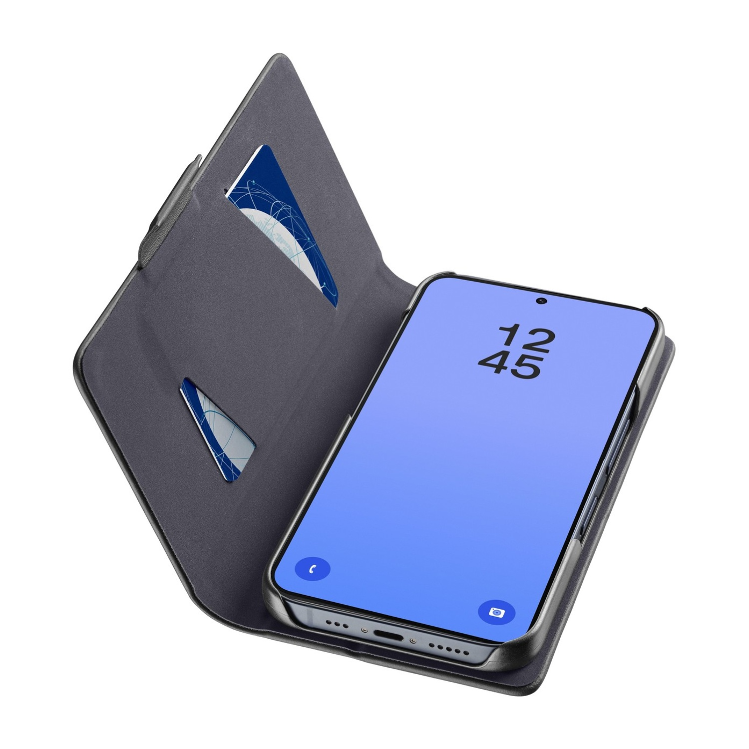 Una custodia a libro grigio scuro con due fessure per carte e uno smartphone.