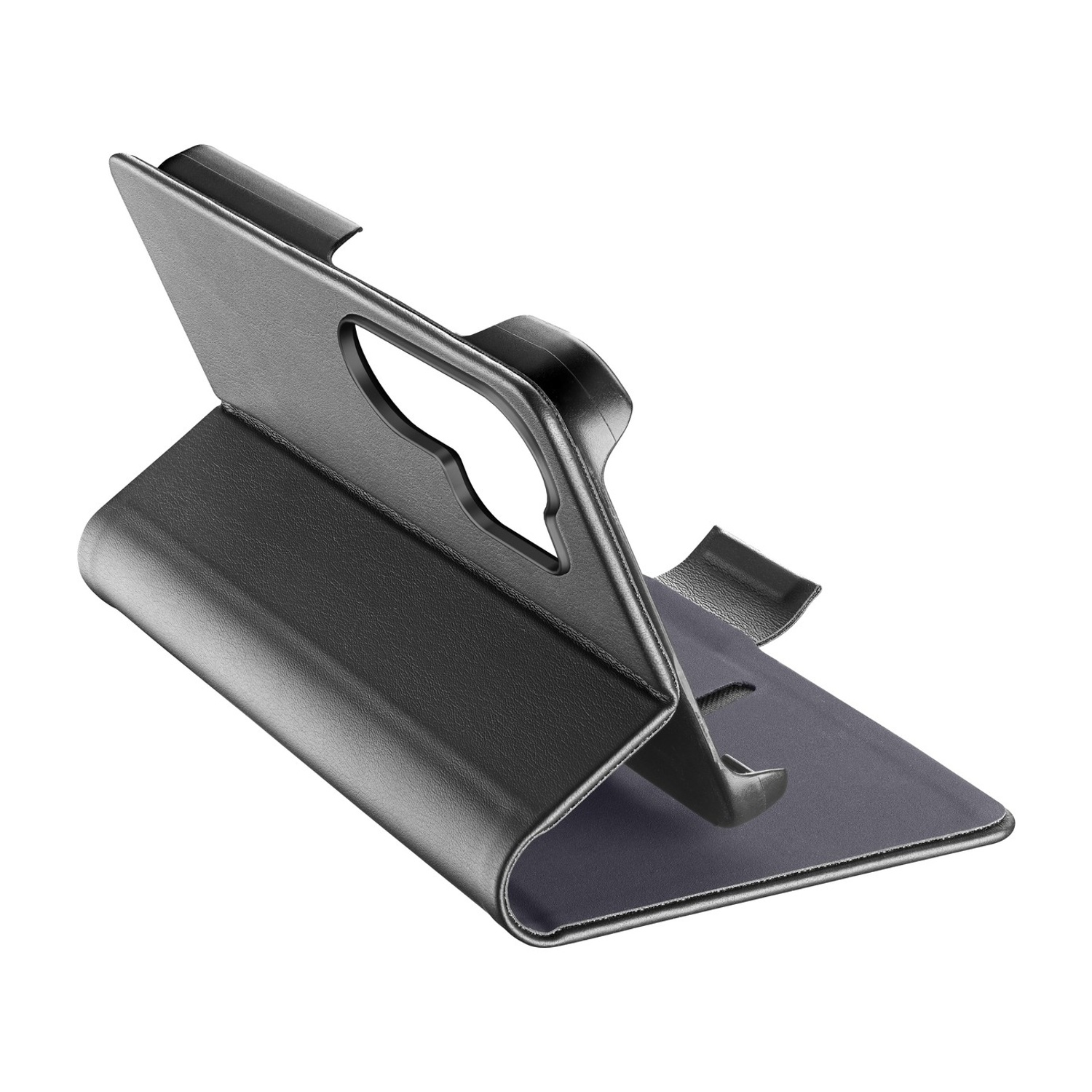 Una custodia nera per telefono con funzione stand, su sfondo bianco.
