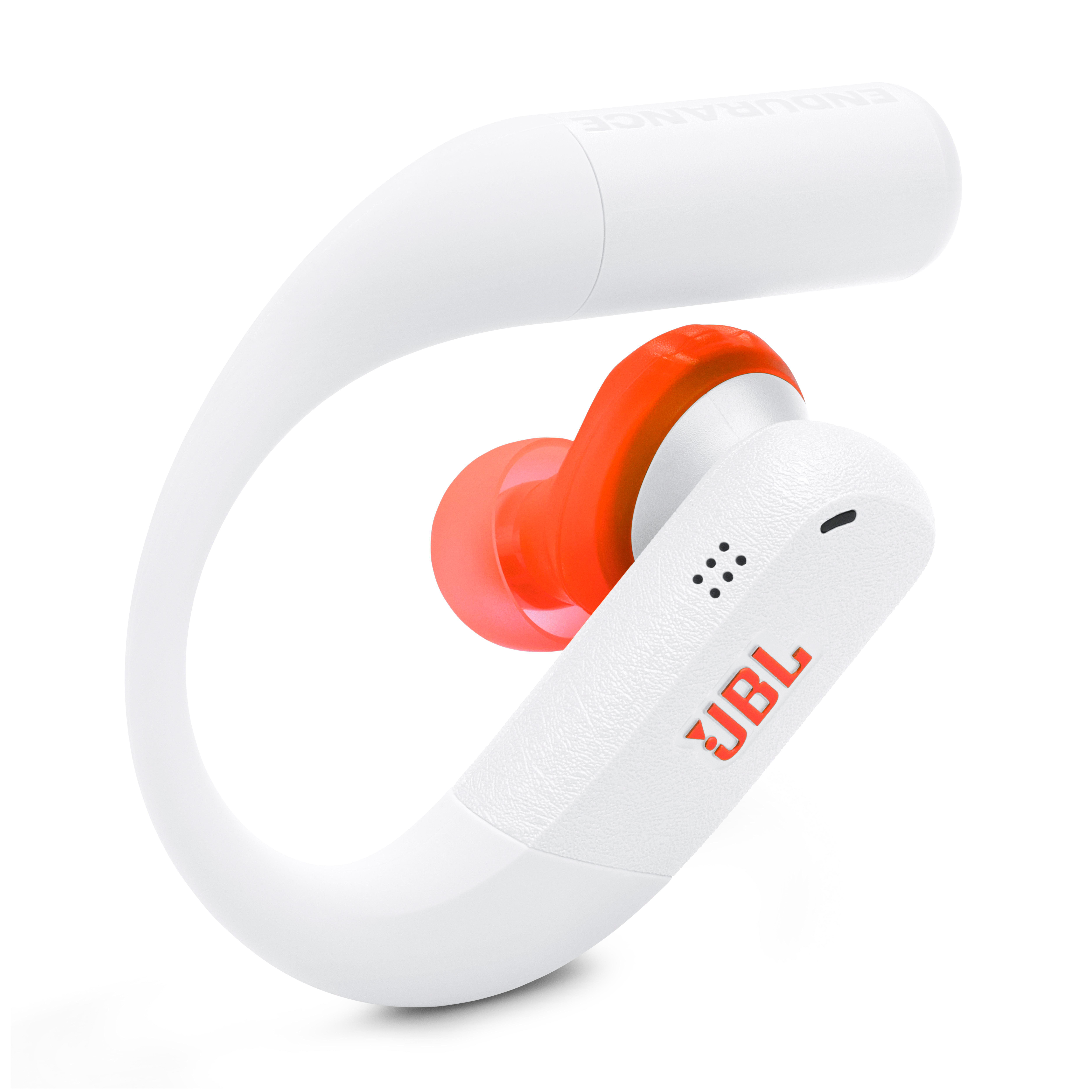 Weißer JBL-Kopfhörer mit orangefarbenen Ohrstöpseln und Bügel.