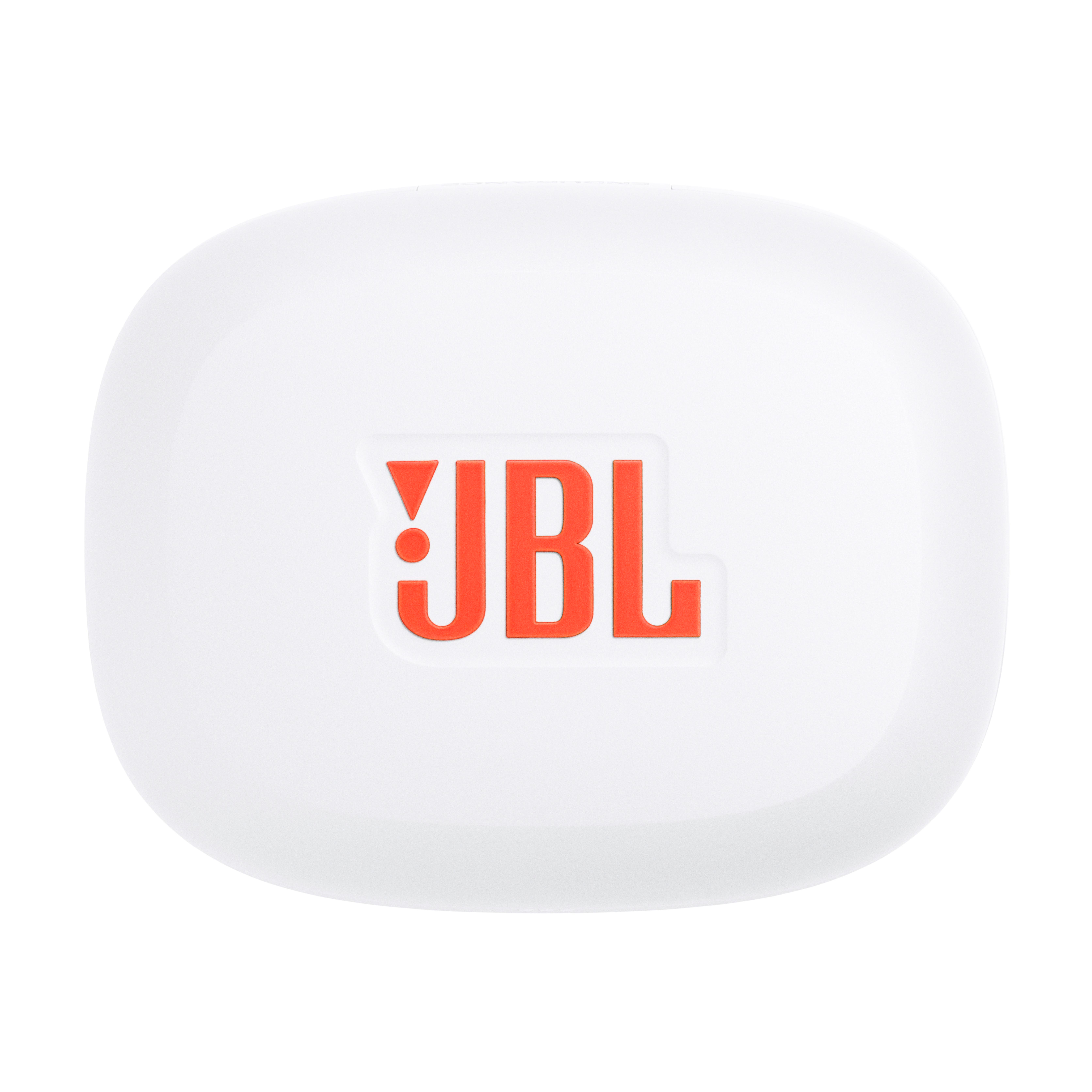 Ein weißes JBL-Etui mit orangefarbenem Logo auf weißem Hintergrund.