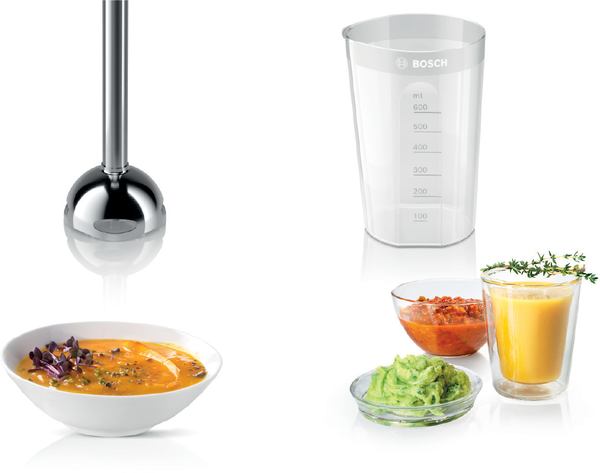 Daldırma blender ayağı, ölçü kabı, çorba, guacamole, sos ve içecek.