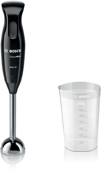 Ölçü kabı olan siyah Bosch el blenderı.