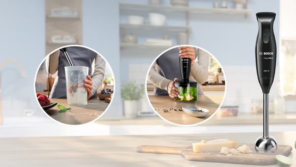 Aksesuarli siyah Bosch el blenderi; smoothie ve pesto yapımı.