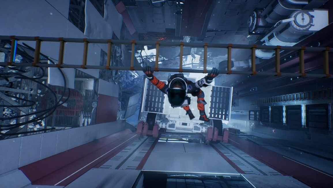 Ein Astronaut klettert an einer Leiter in einer futuristischen Raumstation mit vielen Rohren und Kabeln.