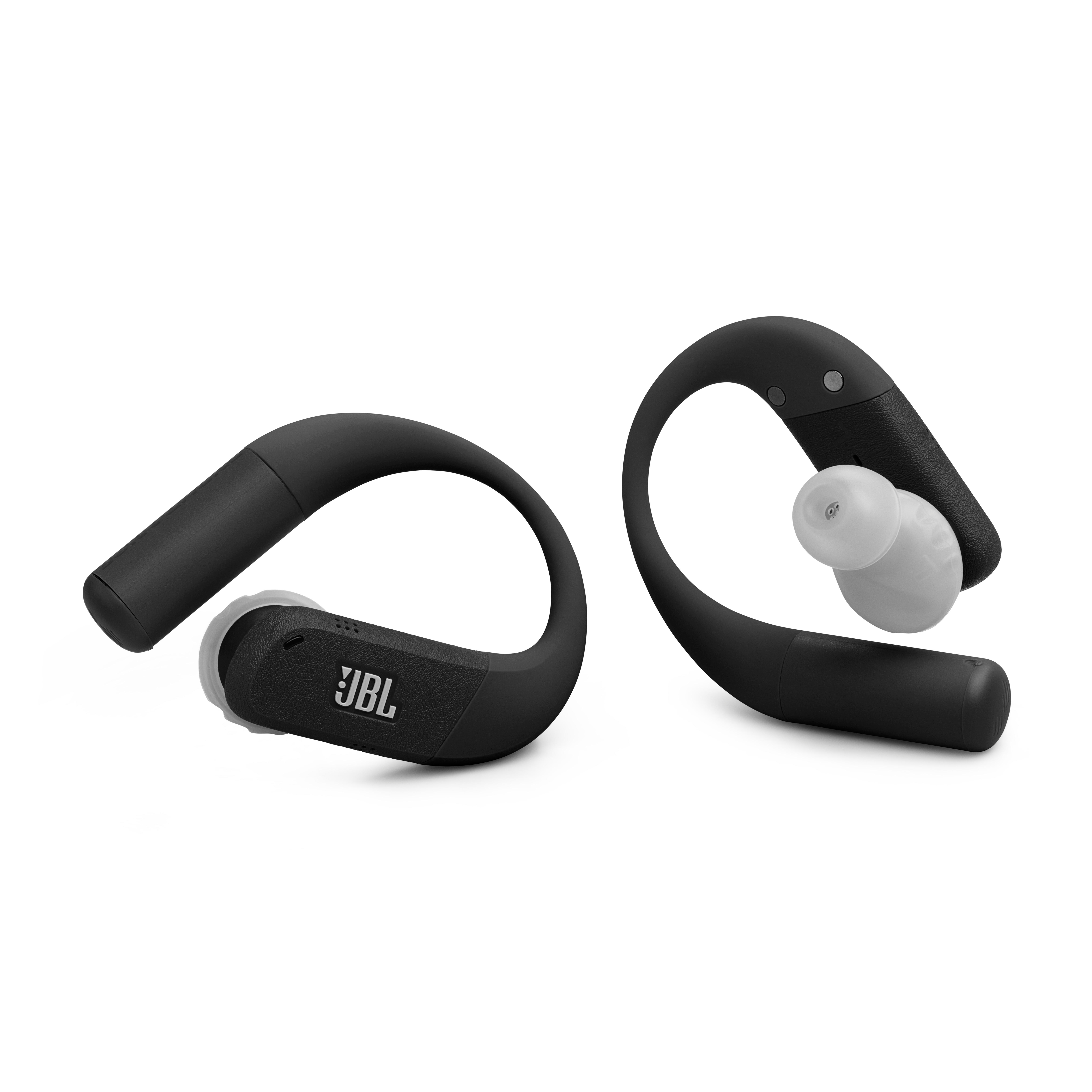 Schwarze JBL Kopfhörer mit Bügel und Ohrstöpseln auf weißem Hintergrund.