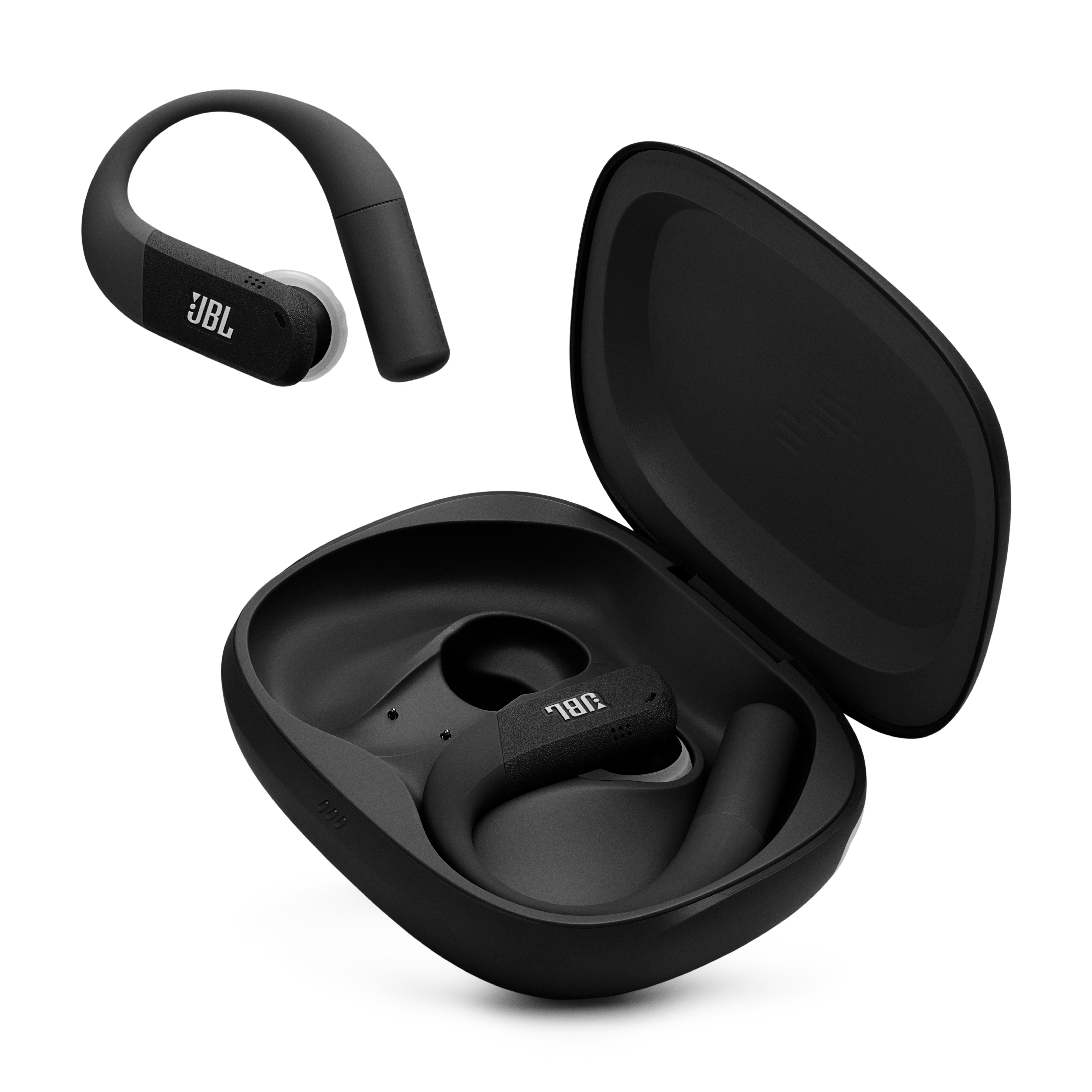 Schwarze JBL Kopfhörer und Ladecase auf weißem Hintergrund.