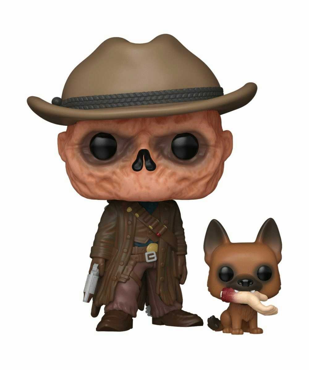 Postać szkieletu w kapeluszu i brązowym płaszczu obok psa trzymającego kość.