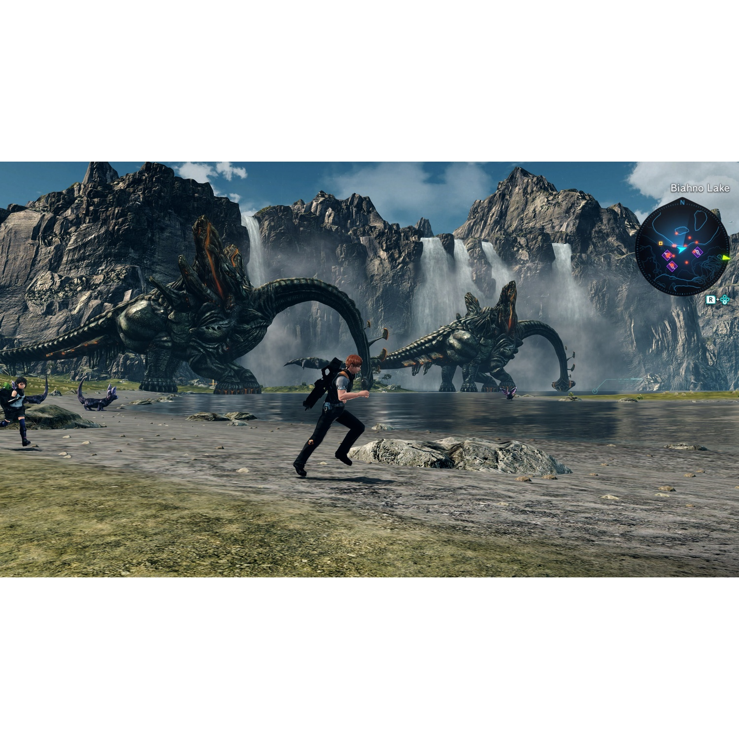 Twee wezens staan voor een waterval. Mensen rennen langs het water.