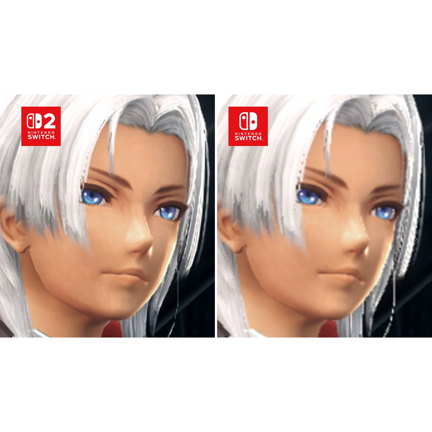 Twee Nintendo Switch logo's boven animepersonage met wit haar en blauwe ogen.
