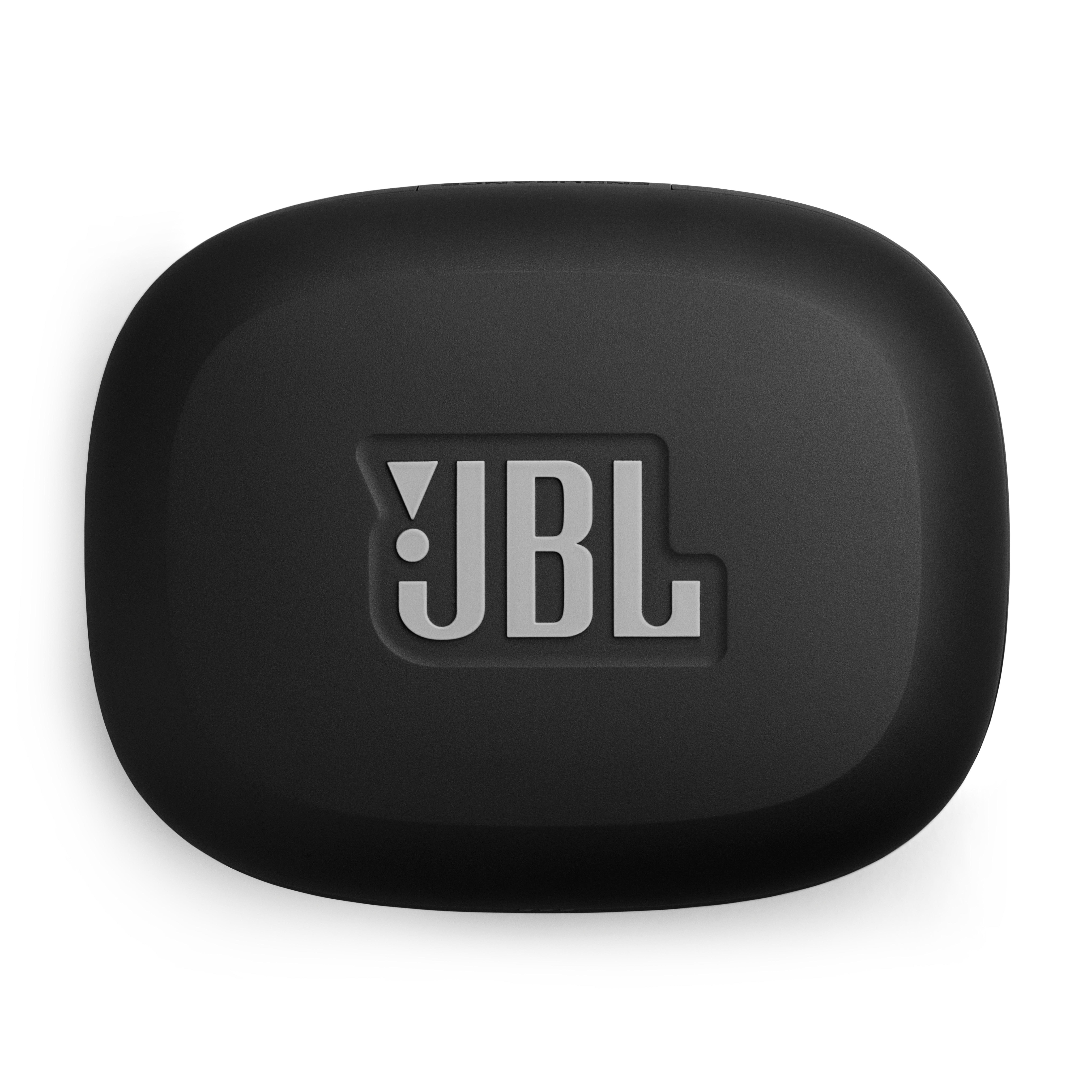 Schwarzes JBL-Etui mit geprägtem Logo auf weißem Hintergrund.