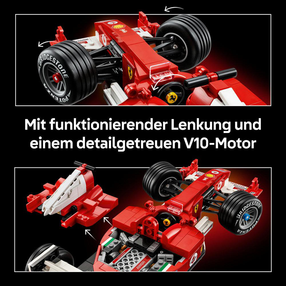 Roter Lego-Rennwagen mit V10-Motor und funktionierender Lenkung.