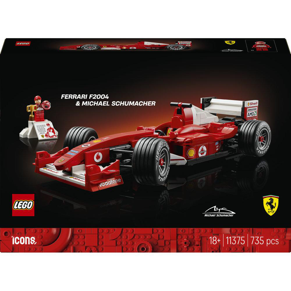 LEGO Ferrari F2004 mit Michael Schumacher Figur und detailliertem Rennwagen.