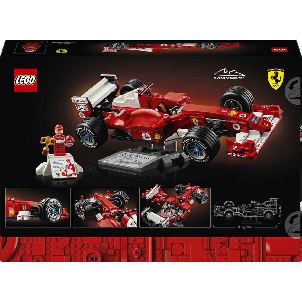 LEGO Formel-1-Auto mit Michael Schumacher Minifigur auf einer Ausstellungsplattform.