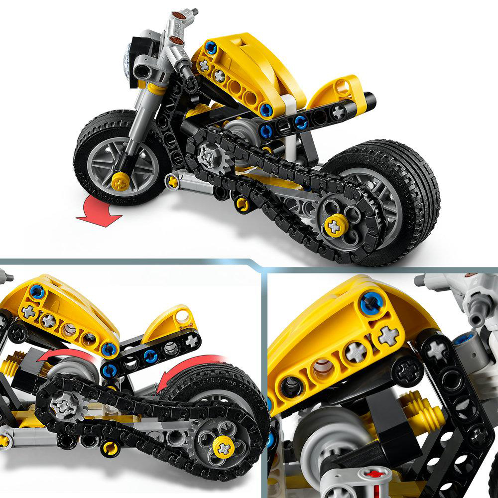 Ein gelbes Lego-Motorrad mit Kette und Rädern, detailliert.
