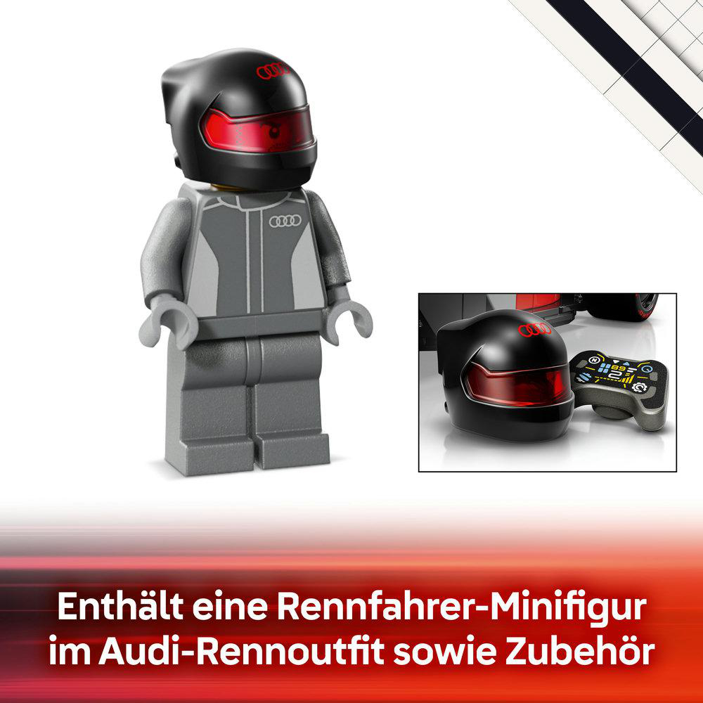 Ein Lego Rennfahrer mit Audi-Logo und Zubehör. Grauer Anzug, schwarzer Helm.