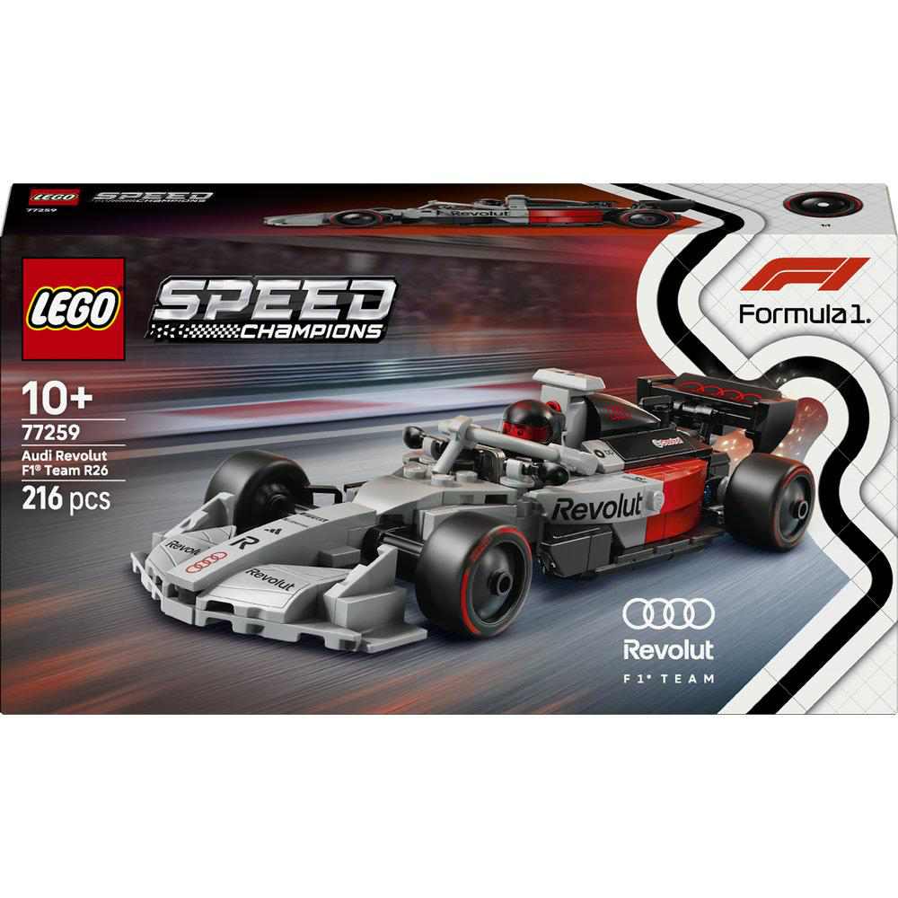 LEGO Speed Champions Audi Formel-1-Auto-Bausatz mit Fahrerfigur auf einer Rennstrecke.