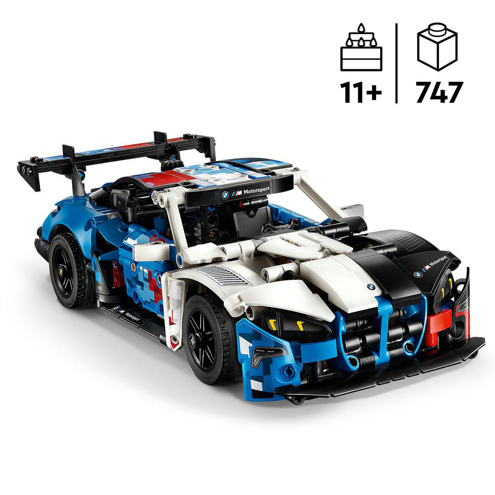 Ein blau-weißer Lego-Rennwagen mit großen Flügeln und vielen Details.