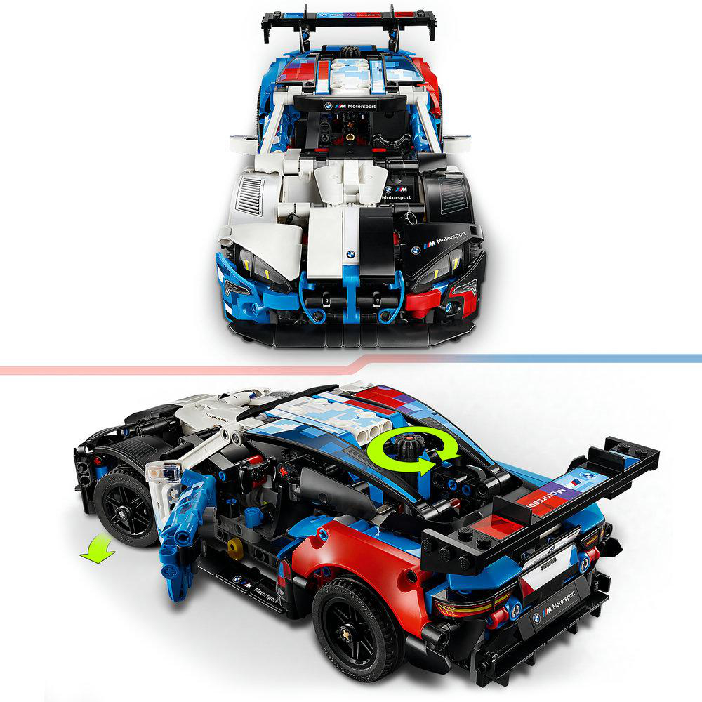 Ein blauer und wei ßer Rennwagen-Bausatz mit roten Akzenten und BMW-Logos.